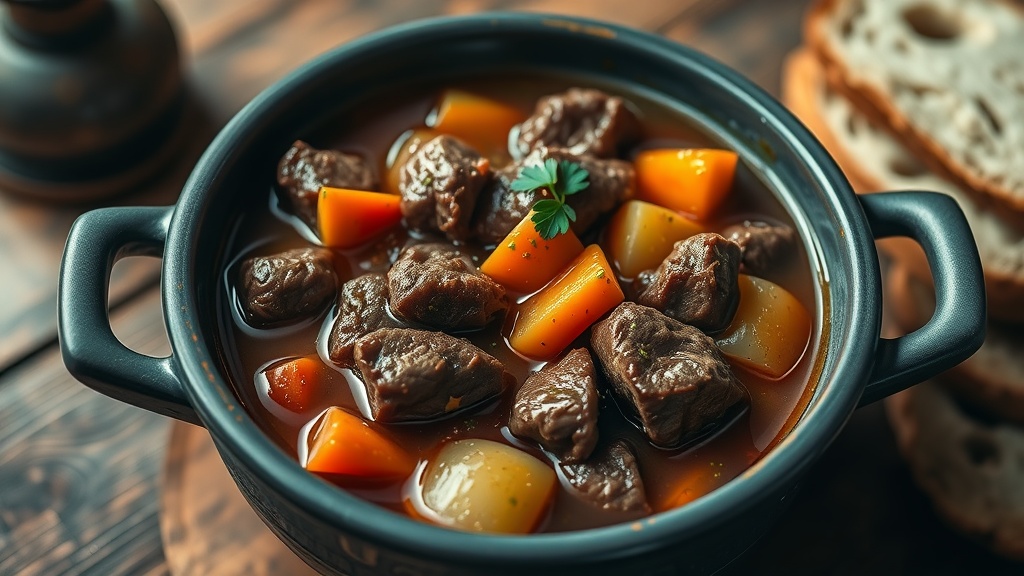 Hearty Beef Stew Recipe A bowl of beef stew with beef chunks, carrots, and potatoes, garnished with parsley, served with crusty bread on the side.